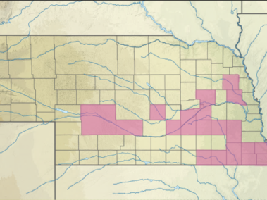 Range map fro the Lined snake, This snake is mostly in the south/south-eastern part of the state